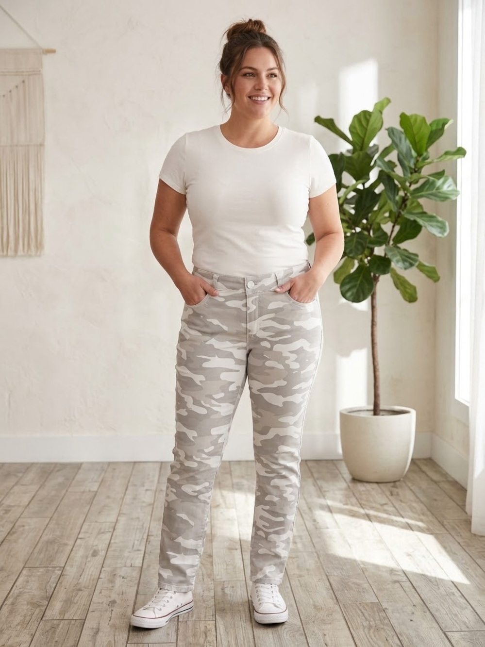 Democracy Women’s Straight-Leg Camo Jeans in Light Gray and White